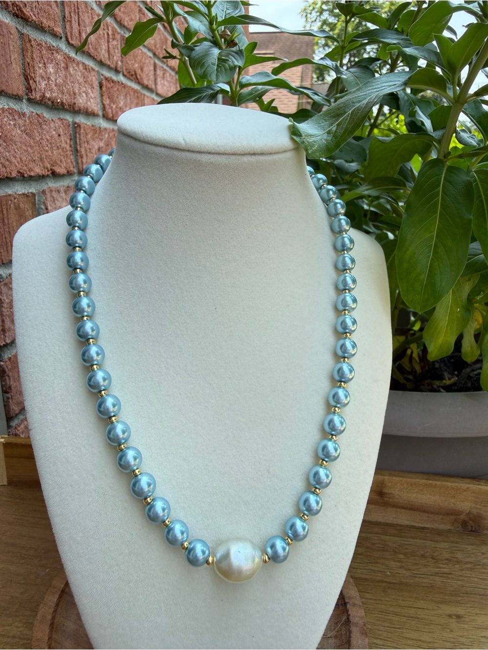 Blue Faux Pearl & Gold Beaded Necklace – 18” with Large Baroque Faux Pearl